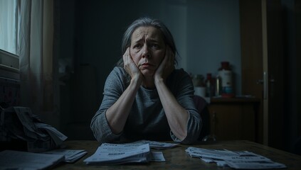 Obraz premium Depressed woman amid unpaid bills at kitchen table