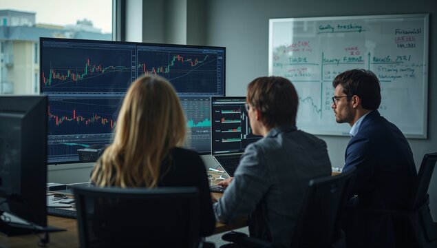 Analysts review trading strategies in modern office