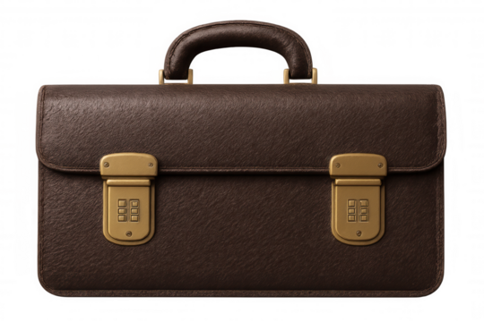 Brown leather briefcase with combination locks against transparent background, symbolizing business, security, and travel