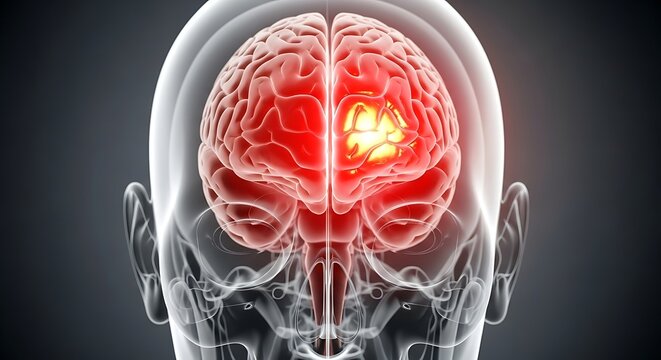 Medical Illustration of Brain Hemorrhage in Human Head with Highlighted Brain and Bleeding Area