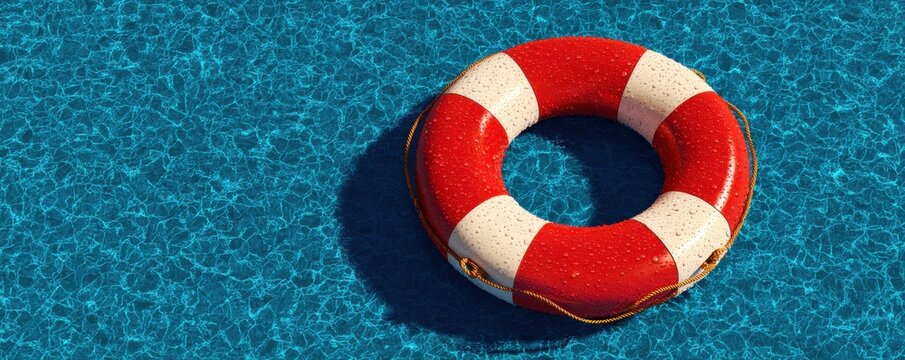 Red and white life preserver floating in a clear blue swimming pool