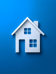 Fototapeta premium Minimalist white paper house silhouette casting soft shadow on vivid blue background representing modern home concept and real estate ideas