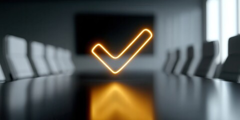 Glowing Checkmark Represents Success in a Modern Conference Room Setting With a Sleek Design