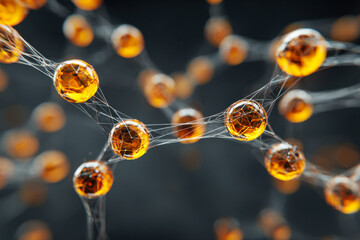 Abstract interconnected network of glowing amber spheres linked by delicate translucent threads symbolizing futuristic technology and molecular structures in 3d