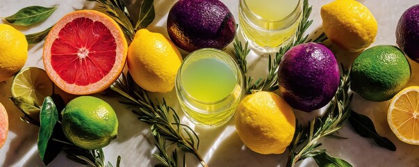 Colorful citrus fruits and juice glasses arranged with rosemary sprigs