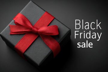 Elegant black gift box with red ribbon promoting Black Friday shopping deals