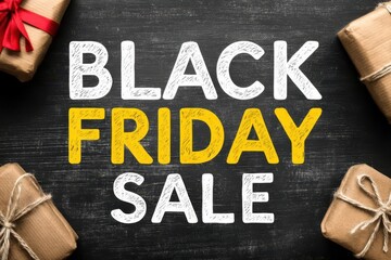 Black Friday sale promotional banner with gifts on a dark background
