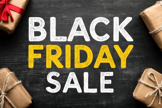 Black Friday sale promotional banner with gifts on a dark background