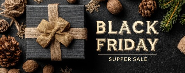 Black gift box with golden ribbon for Black Friday supper sale promotion