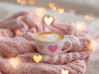 Cozy pink knitted blanket with a love-themed coffee cup featuring hearts, surrounded by warm bokeh heart lights creating a romantic and comforting atmosphere