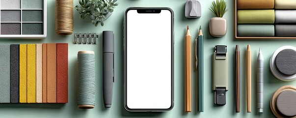 Blank smartphone surrounded by design materials on a flat surface