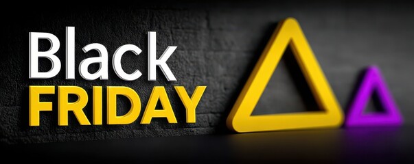 Black Friday sale advertisement featuring neon triangle symbols on a dark background