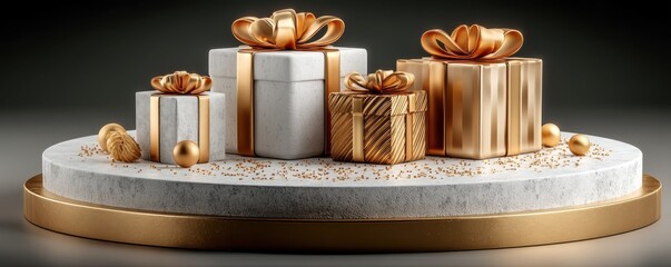 Elegant gift boxes with gold decorations displayed on a modern white podium