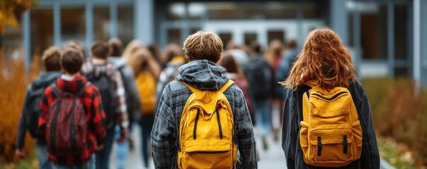 A group of students walking towards school building with backpacks