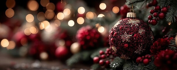Close-up of a festive Christmas ornament with vibrant red and gold colors
