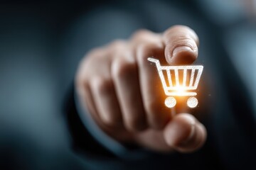 Businessman interacting with a glowing digital shopping cart icon on virtual screen