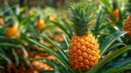 Fototapeta premium Vibrant ripe tropical fruit growing in a sunny plantation surrounded by lush green spiky leaves and healthy soil perfect for agricultural harvest