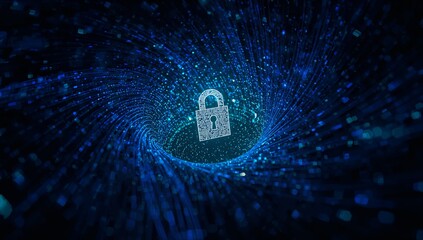 Abstract cybersecurity 3d padlock in neon vortex