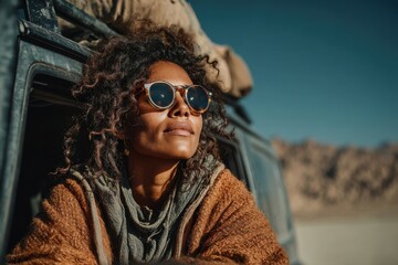 Woman enjoying the sun leaning out of a vehicle during a road trip