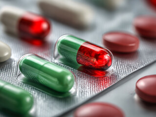 Macro view of red and green gelatin capsules and round tablets packed in blister packs with textured metallic packaging background, representing medication and healthcare