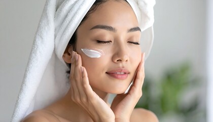 A woman applies facial cream, showcasing smooth skin and a serene expression in a soft, bright setting.