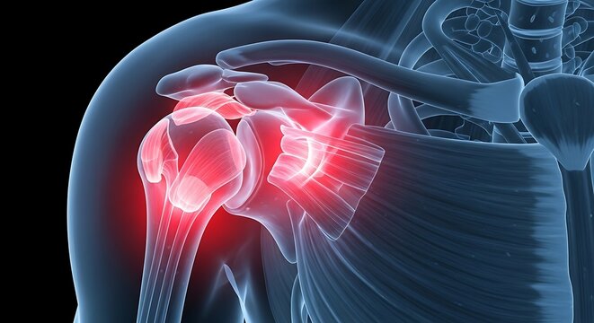 Medical Illustration of Shoulder Joint with Inflamed Area in Bright Red