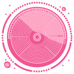 Abstract pink circular graphic with concentric lines and orbiting elements