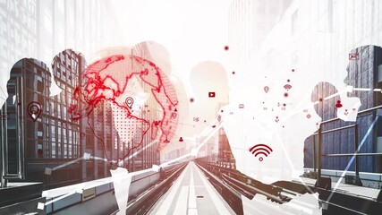 A diverse team collaborates in an urban setting, featuring digital symbols of communication and global connectivity, showcasing modern business dynamics and teamwork. Xenic - Powered by Adobe