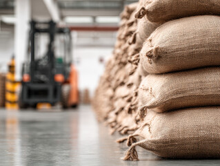 Stacked burlap sacks lined up in a warehouse with a forklift in the background ready for industrial storage and transportation operations