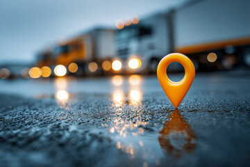 Yellow location marker on wet asphalt with blurred trucks and headlights in the background representing logistics and transportation tracking on rainy evening