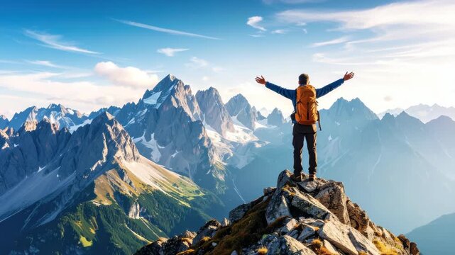 Mountaineer stands atop rocky peak with arms outstretched against mountain range and blue sky, carrying backpack while enjoying panoramic vista