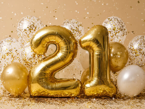 Celebration of a milestone with glamorous golden balloons and shimmering confetti, marking a memorable 21st birthday or anniversary with style and elegance