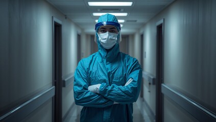 Frontline healthcare worker in ppe corridor