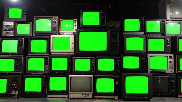 Retro television sets stacked together, displaying bright green screens for chroma key editing and vintage tech aesthetics