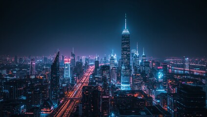 Futuristic neon skyline at night