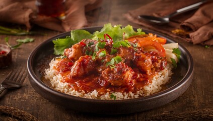 Fototapeta premium Lava chicken dish with spicy crimson sauce
