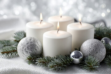 Elegant holiday centerpiece with four lit white candles surrounded by silver decorative balls and fresh green pine branches on a soft white fabric background