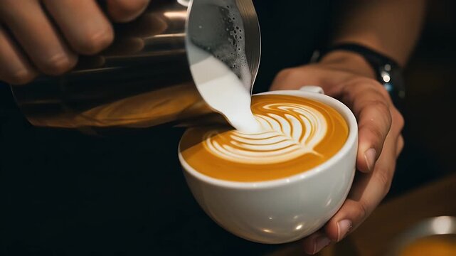 Barista pouring steamed milk to create a decorative leaf design in a cup of freshly brewed coffee, showcasing a skill in latte art with skillful hands and precision.