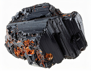 Black rough mineral rock with rusty orange patches and textured surface isolated on white background, showing natural crystalline structure and rugged details