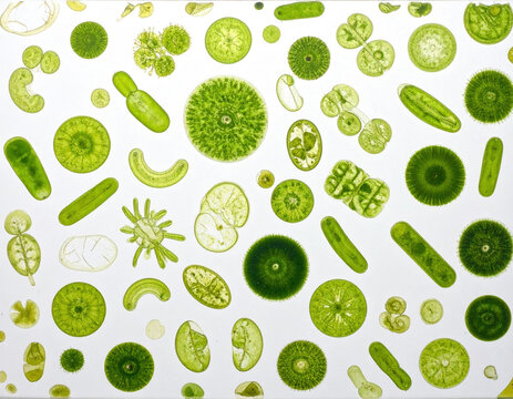 Green algae microscopic aquatic biology nature science microorganism fresh water plant cell biology study green round oval filamentous transparent natural close up pattern texture organic isolated