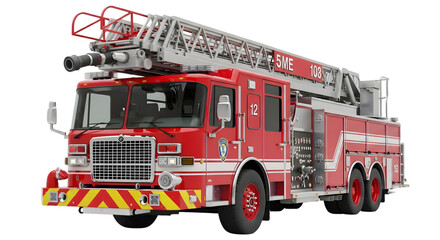 Detailed view of a fire truck with extended ladder, parked in a city environment, showcasing emergency readiness