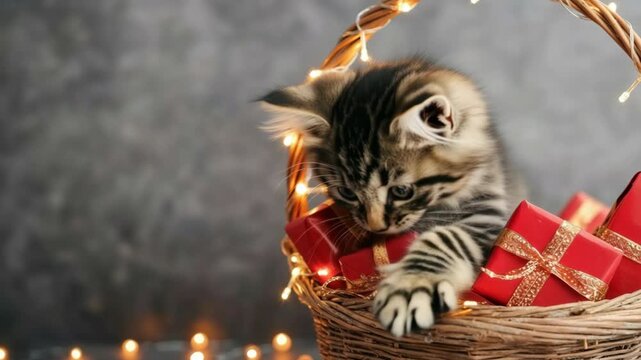 Xmas Playful Kitten Explores Festive Basket of Red Gift Boxes for Joyful Christmas Holiday Decorations
