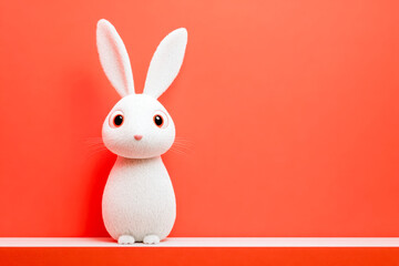 Obraz premium Adorable white bunny with large expressive eyes sitting on a vibrant orange surface against a bright orange background in a minimalist studio setting