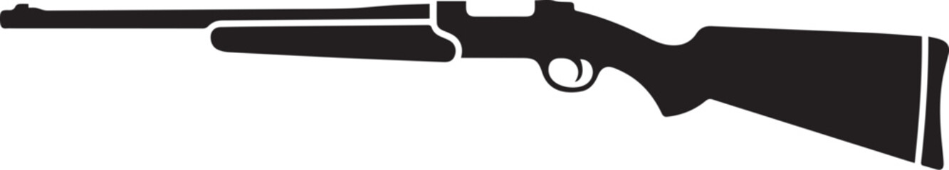Obraz premium Minimalist rifle icon – black-and-white silhouette of a long-barrel firearm with stock and trigger guard for hunting gear, weapon design, and tactical visuals.