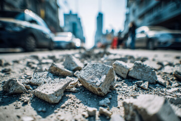 Close-up of broken pavement stones scattered on a city street with blurred cars and buildings in the background, capturing urban construction or road damage details