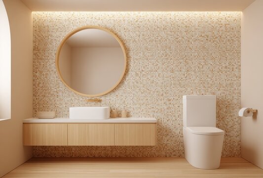 A modern bathroom with neutral tones. Includes a floating vanity, mirror, and toilet