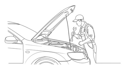 Vector mechanic repairing vehicle with open hood using wrench in a line drawing illustration
