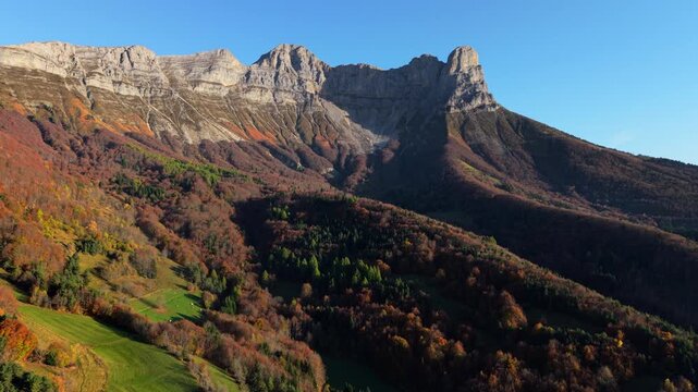 Aerial view of the Vercors Massif range with mountain peaks (La Grande Moucherolle) in autumn. Vercors Regional Natural Park, Isere, Alps, France