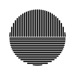 Black striped circle shape. Round streaky geometric form isolated on white background. Minimalistic design element. Sun or moon silhouette. Vector graphic illustration.