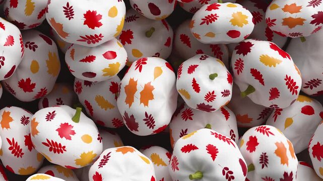 Halloween pumpkins are painted using decoupage techniques and fall from above onto a gray background. They are painted white and decorated with colorful autumn leaves. 3D animation